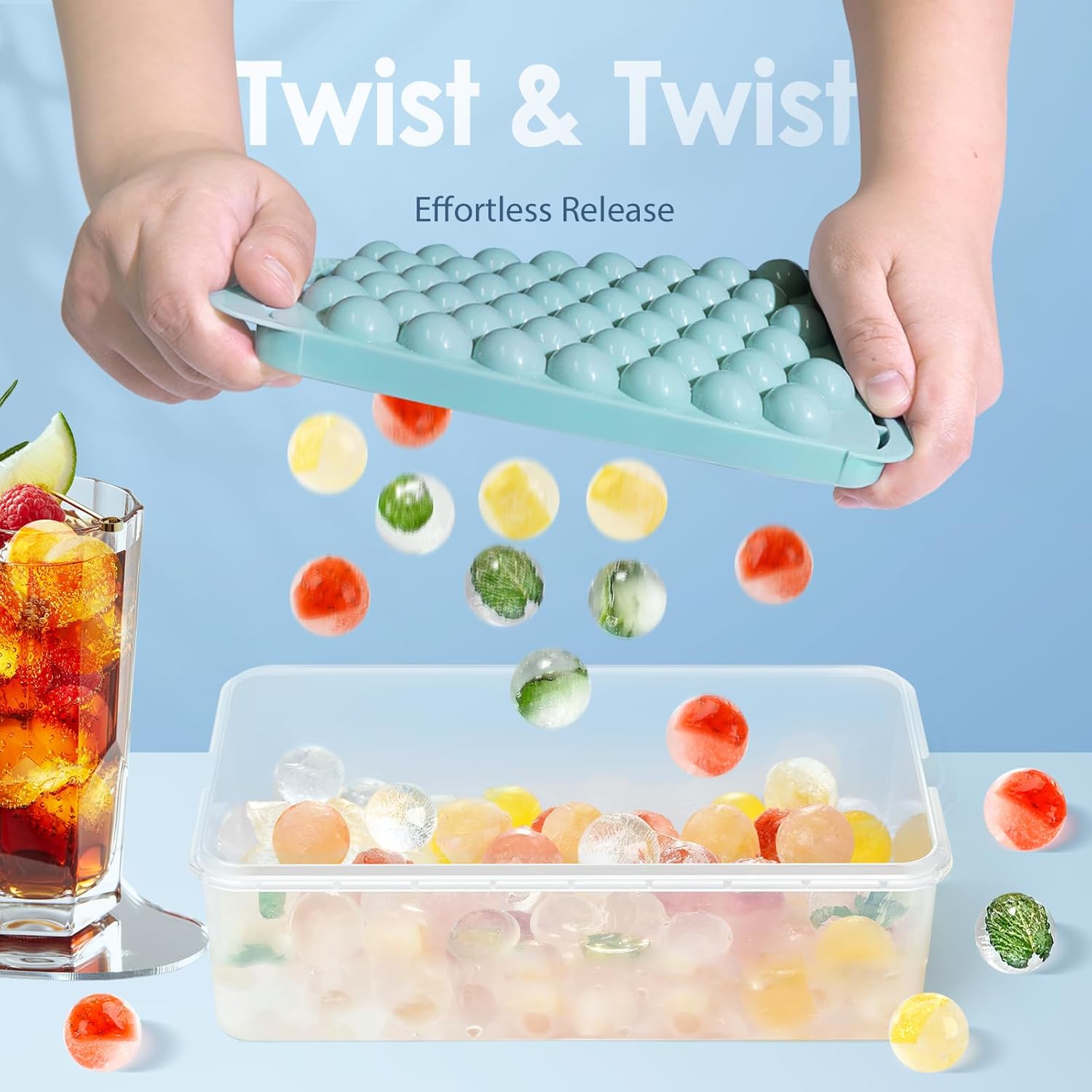 WIBIMEN Ice Cube Tray with Lid and Bin - Round Ice Trays for Freezer with Lid - Ice Cube Trays for Freezer with Ice Container (0.8-2PACK Blue)